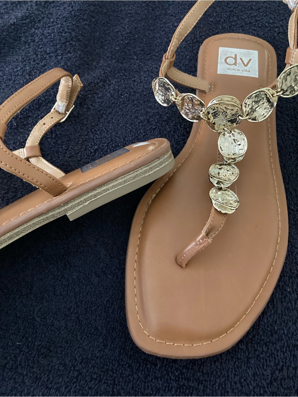 Dolce Vita Tan T-Strap Sandals with Gold Discs - Picture 3 of 5